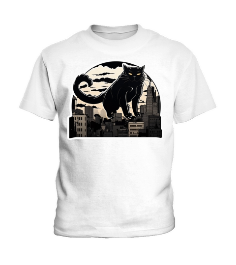 Big Catzilla Jumping on Rooftop Of Tokyo Buildings Kids T-Shirt
