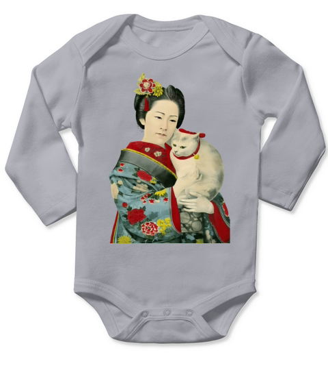 Geisha Cat Kimono Japanese Vintage Art Long Sleeve Baby One-Piece