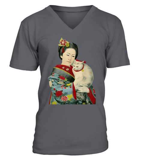 Geisha Cat Kimono Japanese Vintage Art V-Neck T-shirt