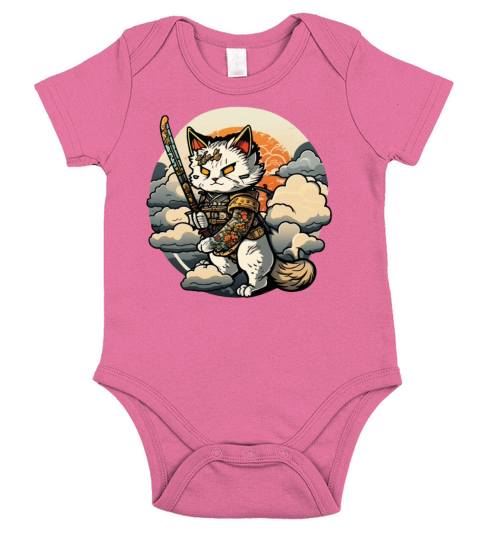 Samurai Cat Standing On The Clouds Vintage Short Sleeve Baby One-Piece