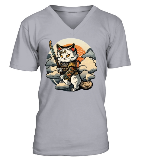 Samurai Cat Standing On The Clouds Vintage V-Neck T-shirt