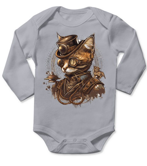 Steampunk Cat Industrial Kitten Vintage Mechanical Long Sleeve Baby One-Piece