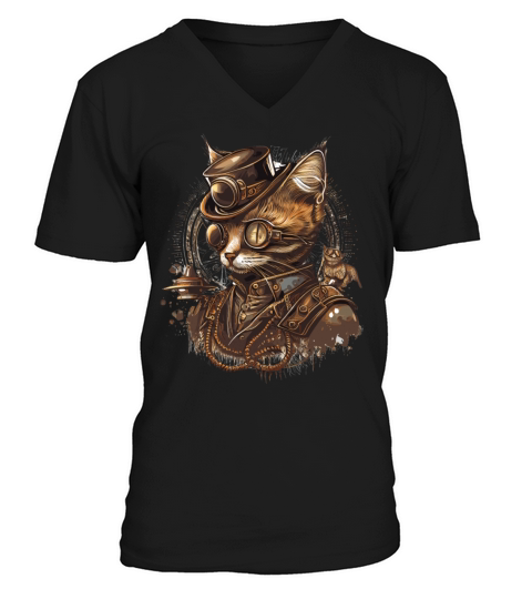 Steampunk Cat Industrial Kitten Vintage Mechanical V-Neck T-shirt