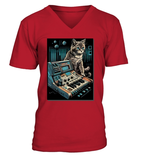 Cat Synthesizer Analogue Synth Vintage Studio Gear V-Neck T-shirt
