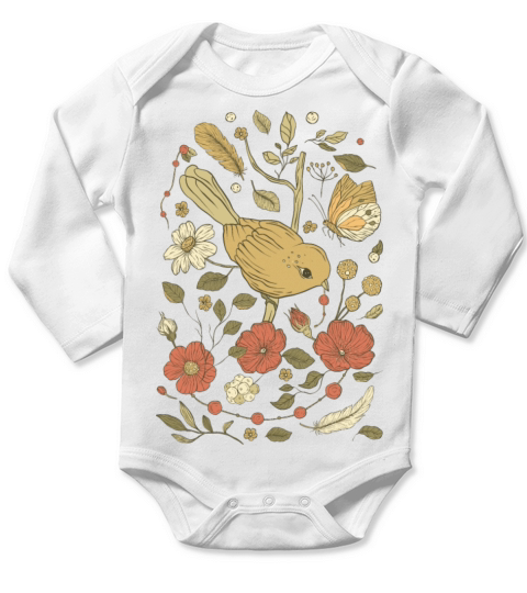 Beige Brown Bird Vintage T-Shirt Long Sleeve Baby One-Piece
