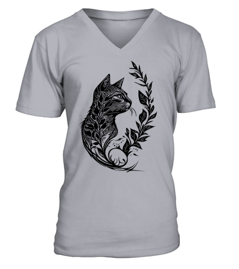 Cute Little Cat In Nature Tattoo Style V-Neck T-shirt