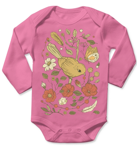 Beige Brown Bird Vintage T-Shirt Long Sleeve Baby One-Piece