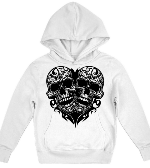 Two Skulls Heart Tribal Tattoo Style Kids Hoodie