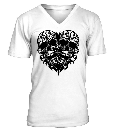 Two Skulls Heart Tribal Tattoo Style V-Neck T-shirt