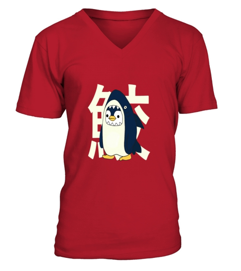 Retro vintage cute Japanese penguin with a shark V-Neck T-shirt