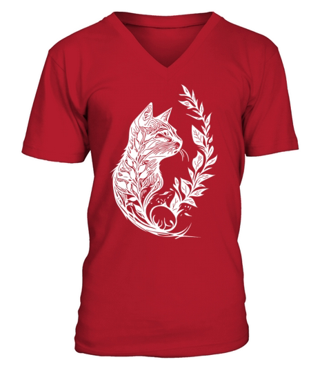 Cute Little Cat In Nature Tattoo Style V-Neck T-shirt