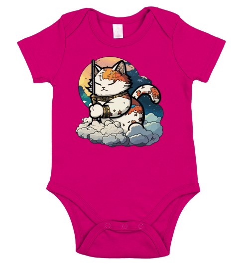 Samurai Cat Standing On The Clouds Vintage Short Sleeve Baby One-Piece