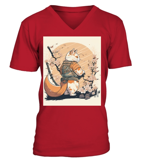 samurai katana cat vintage V-Neck T-shirt