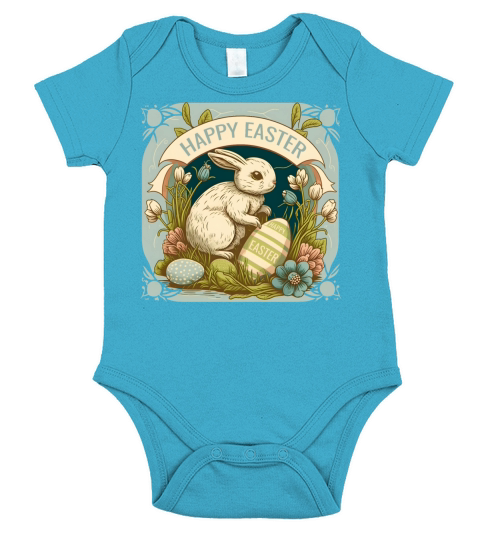 Vintage Easter Bunny Floral Egg Hunting Easter Short Sleeve Baby One-Piece