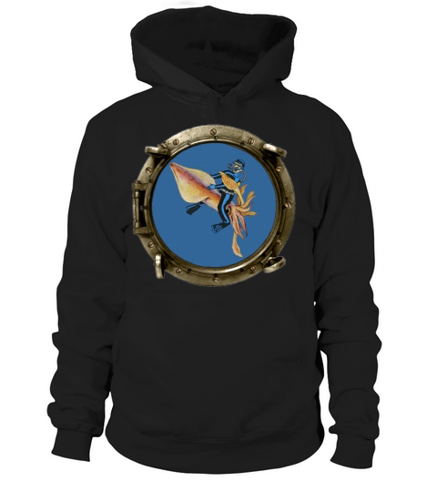 Porthole View of a SCUBA Diver Riding a Huge Squid Hoodie Unisex