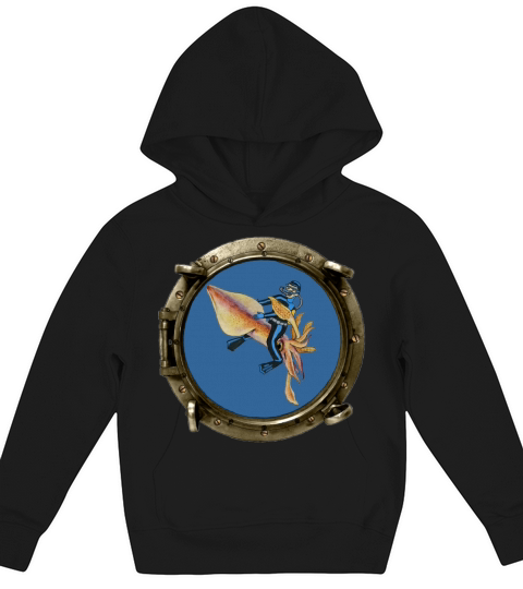 Porthole View of a SCUBA Diver Riding a Huge Squid Kids Hoodie