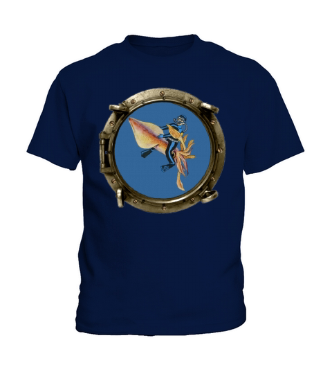 Porthole View of a SCUBA Diver Riding a Huge Squid Kids T-Shirt