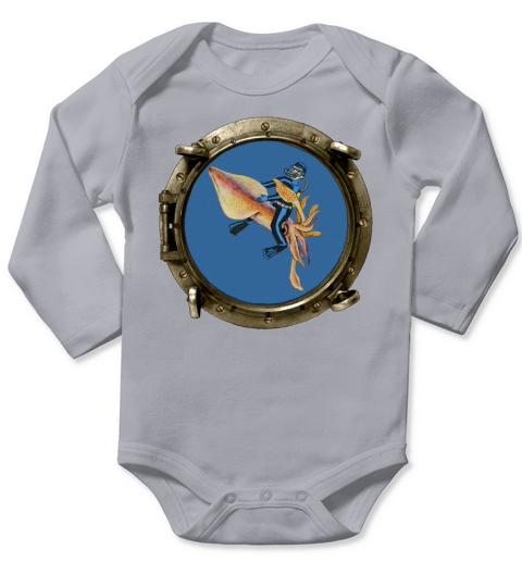 Porthole View of a SCUBA Diver Riding a Huge Squid Long Sleeve Baby One-Piece