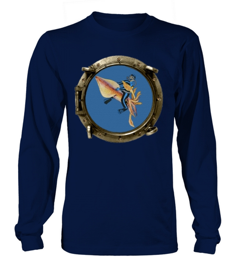 Porthole View of a SCUBA Diver Riding a Huge Squid Long sleeved Unisex