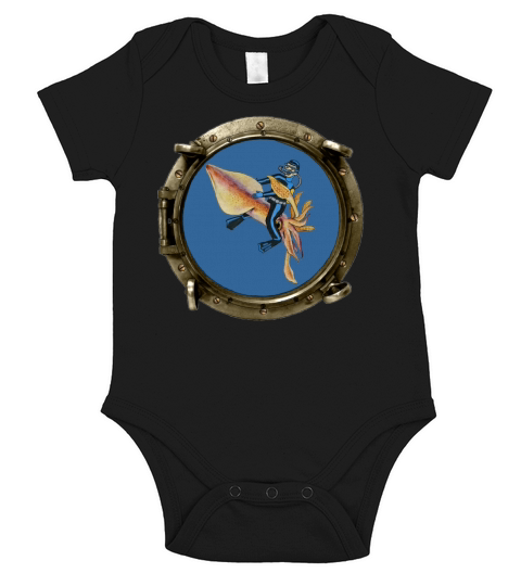 Porthole View of a SCUBA Diver Riding a Huge Squid Short Sleeve Baby One-Piece
