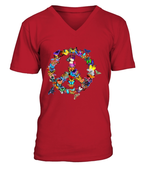 Butterfly Peace Sign Retro 60s 70s Colorful Butt V-Neck T-shirt