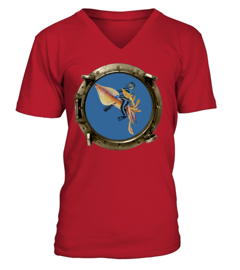 Porthole View of a SCUBA Diver Riding a Huge Squid V-Neck T-shirt