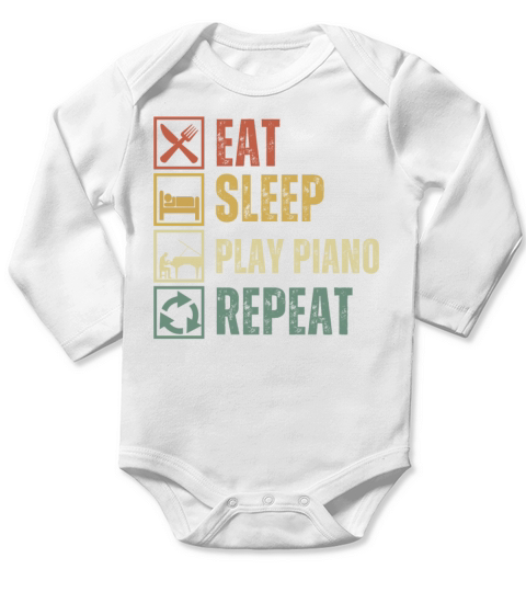 Funny eat sleep play piano repeat retro vintage Long Sleeve Baby One-Piece