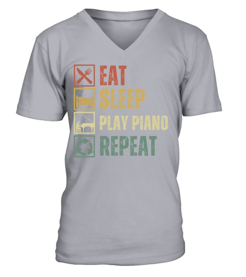 Funny eat sleep play piano repeat retro vintage V-Neck T-shirt