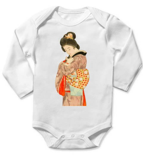 Geisha in Kimono with a Cat Retro art Long Sleeve Baby One-Piece