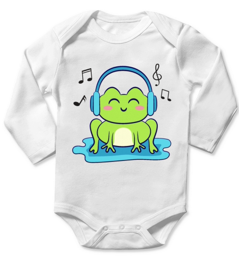 Cute Frog Listening To Music Long Sleeve Baby One-Piece