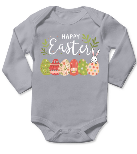 Happy Easter Spring Flowers Bunny Rabbit Egg Hunt Long Sleeve Baby One-Piece