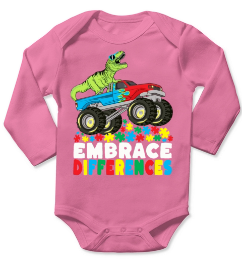 Embrace Differences TRex Monster Truck Autism Kids Long Sleeve Baby One-Piece