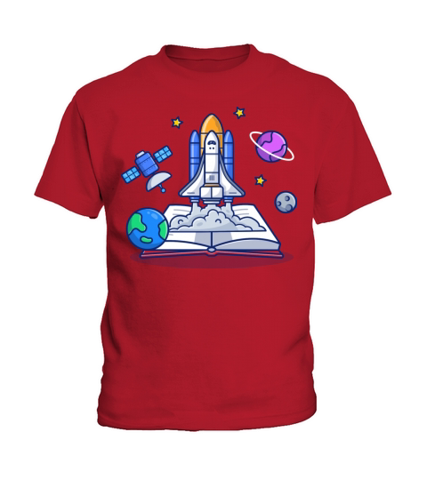 Space Shuttle With Book Satellite And Planets Kids T-Shirt