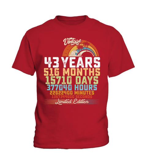 43rd Birthday 43 Years Hours Month Vintage Kids T-Shirt