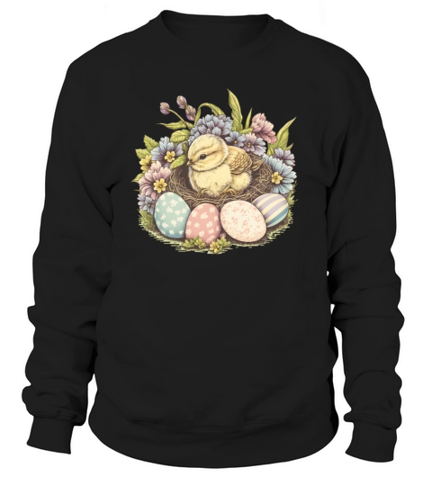 Cute Chick Floral Vintage Painted Egg Easter Sweatshirt Unisex