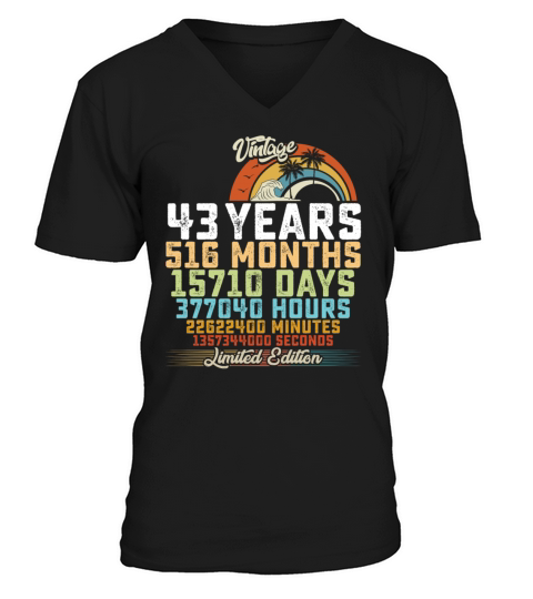 43rd Birthday 43 Years Hours Month Vintage V-Neck T-shirt
