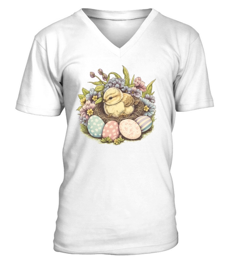 Cute Chick Floral Vintage Painted Egg Easter V-Neck T-shirt