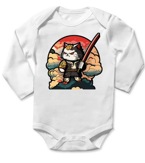 Kawaii Chibi Samurai Cat Vintage Long Sleeve Baby One-Piece