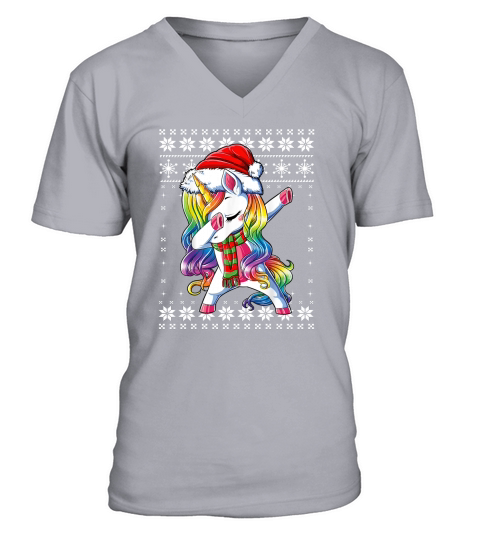 Dabbing Unicorn Santa Sweater Christmas Ugly Kids Girls Wome V-Neck T-shirt
