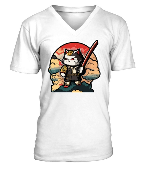 Kawaii Chibi Samurai Cat Vintage V-Neck T-shirt