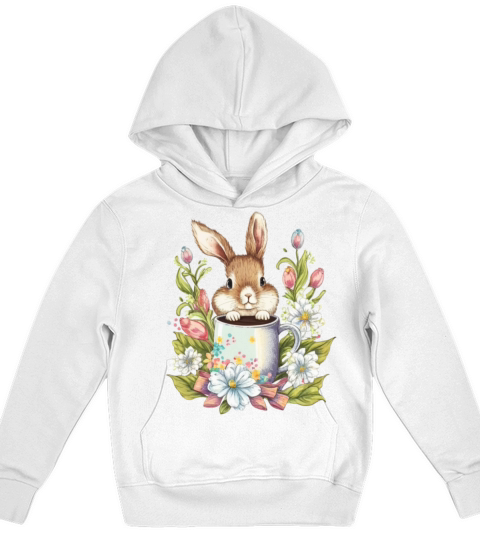 Cute easter bunny with flowers and a mug Kids Hoodie