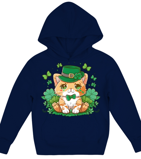 Cat Leprechaun Kawaii Anime Shamrock St Patricks Kids Hoodie