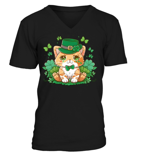 Cat Leprechaun Kawaii Anime Shamrock St Patricks V-Neck T-shirt