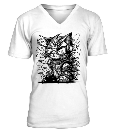 Little Cool Space Cat Splash Tattoo Style V-Neck T-shirt