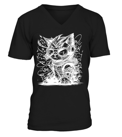 Little Cool Space Cat Splash Tattoo Style V-Neck T-shirt