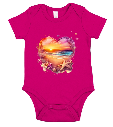 Retro Beach Heart Sunset Watercolor 2 Short Sleeve Baby One-Piece