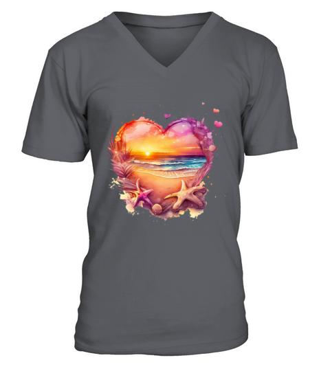 Retro Beach Heart Sunset Watercolor 2 V-Neck T-shirt