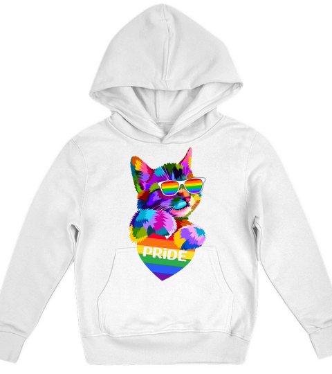 Funny Cat Sunglasses Rainbow LGBT Flag Gay Pride Month 2023 Kids Hoodie