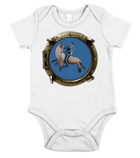 Porthole View of a SCUBA Diver Riding a Sea Lion Short Sleeve Baby One-Piece