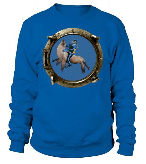 Porthole View of a SCUBA Diver Riding a Sea Lion Sweatshirt Unisex